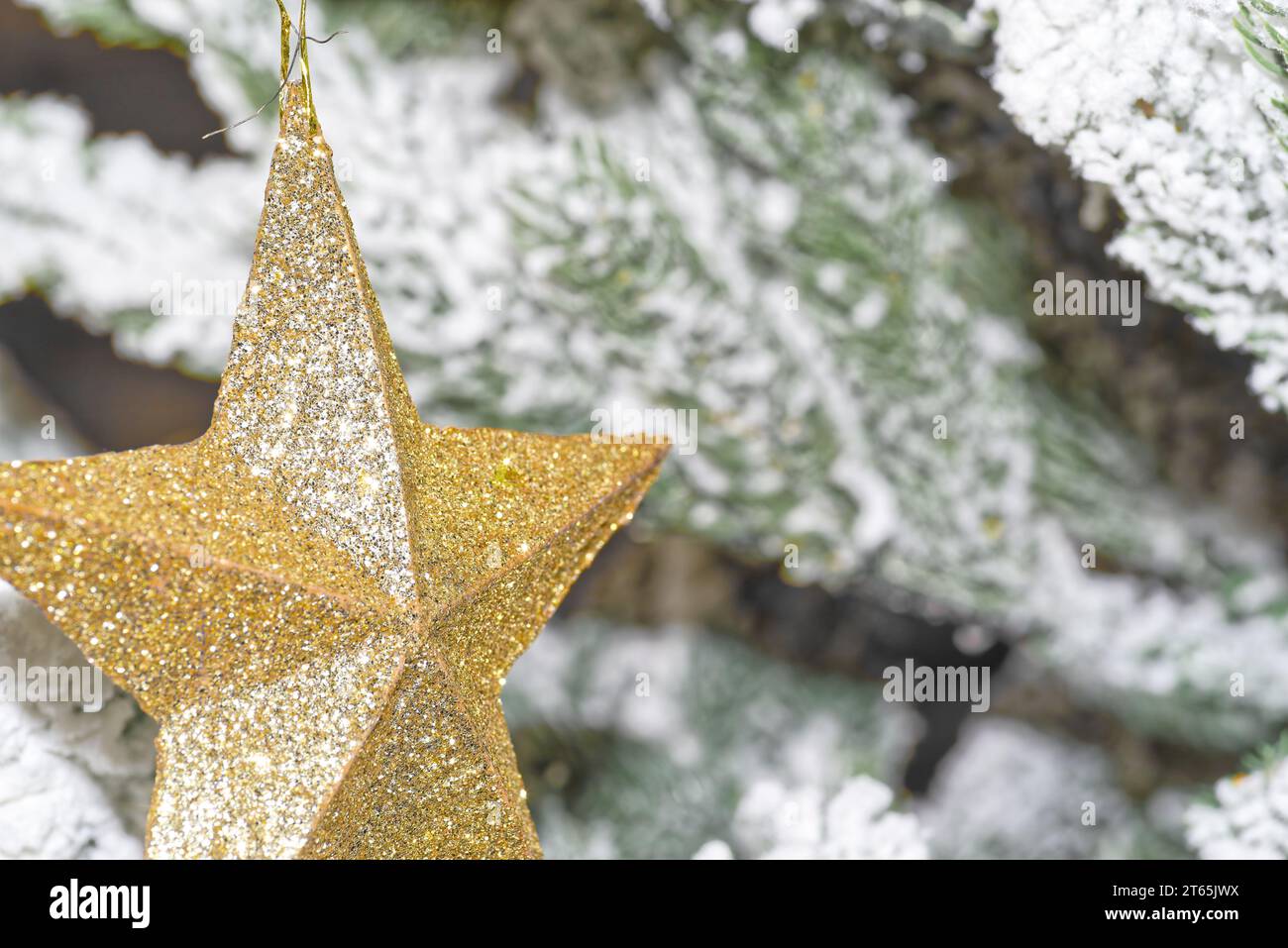 Weihnachtsdekoration aus goldfarbenem Stern und Tannenzweigen im Schnee Stockfoto