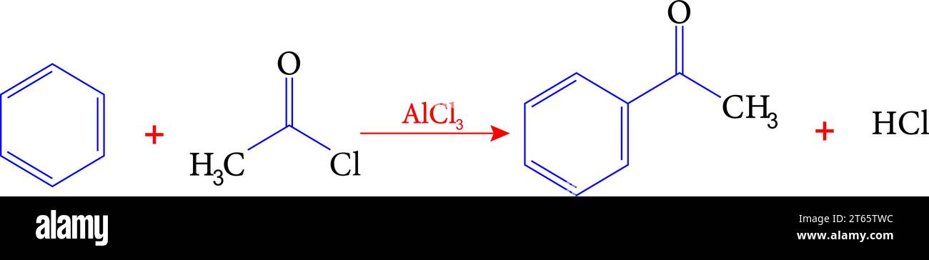 Friedel-Crafts-Acylierung von Benzol durch Acetylchlorid. Vektorabbildung Stock Vektor