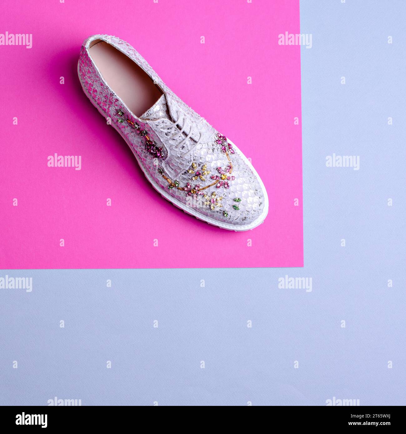 Glamouröser Damenschuh mit Fischschalen in Silber, verziert mit einem mehrfarbigen Strass-Blumenschmuck auf einem grafischen rosa-grauen Hintergrund mit c Stockfoto