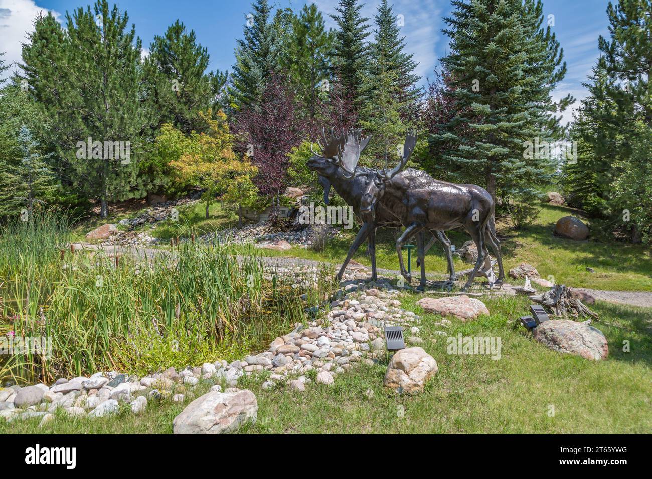 Statue von zwei Elchen vor der Sierra Trading Post Sportartikelhandlung in Cheyenne, Wyoming Stockfoto