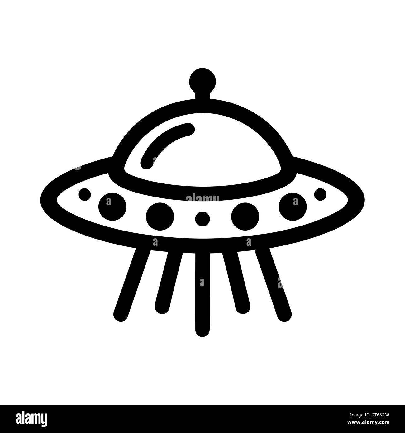 UFO-Symbol. Symbol fliegende Untertasse. Schwarze Abbildung eines UFO mit absteigenden Lichtstrahlen. Das Konzept der außerirdischen Technologie Stock Vektor