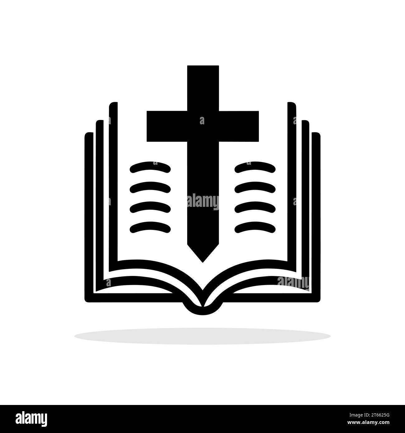 Bibel mit christlichem Kreuz-Symbol. Schwarzes religiöses Symbol. Christliches Kirchensymbol. Vektorabbildung. Stock Vektor