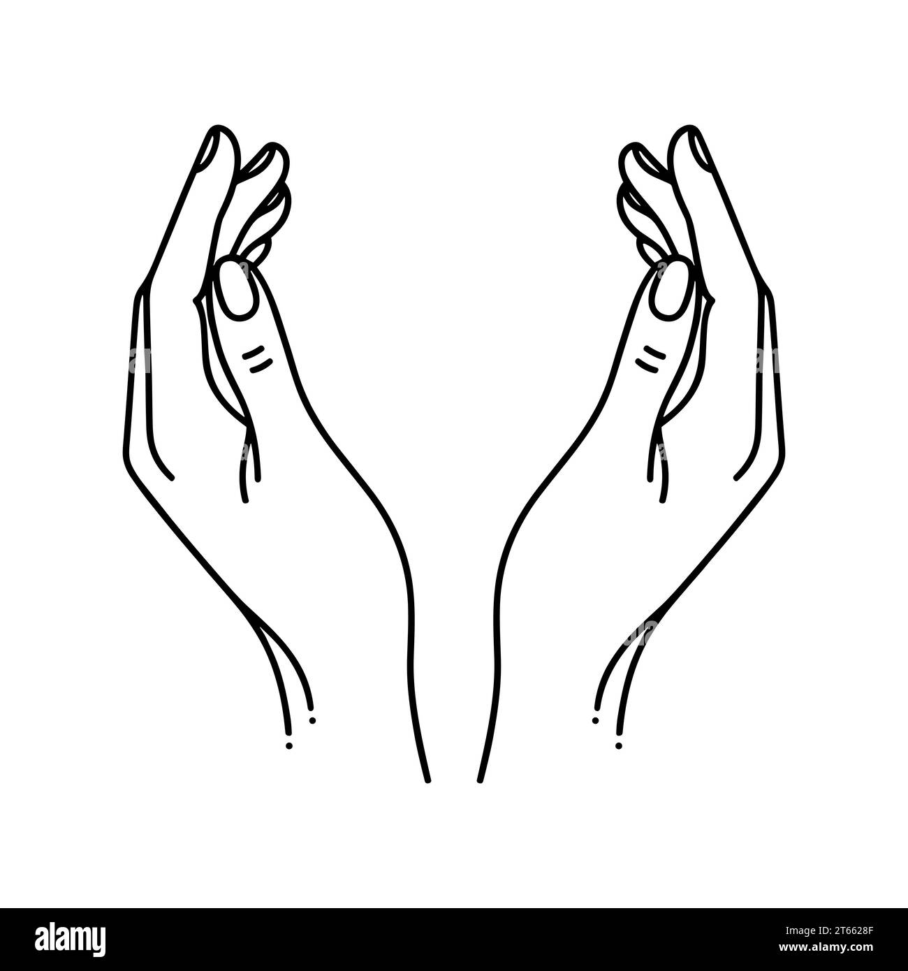 Silhouette der Hände und des Blattsymbols. Ein minimalistisches Emblem der Hände um ein sprießendes Blatt. Konzept der Umweltpflege und des Wachstums. Stock Vektor