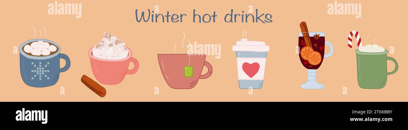 Set mit verschiedenen warmen Wintergetränken, heißer Schokolade, Kaffee, Tee, Glühwein, Kakao, Vektor-Illustration Stock Vektor