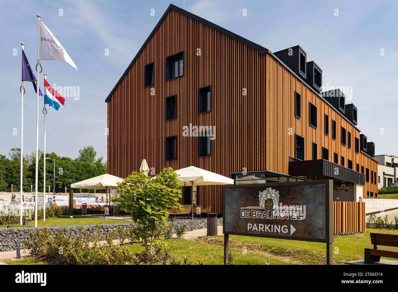 Außenansicht des de Brauhotel; modernes und geometrisches Design und Stil. Stockfoto