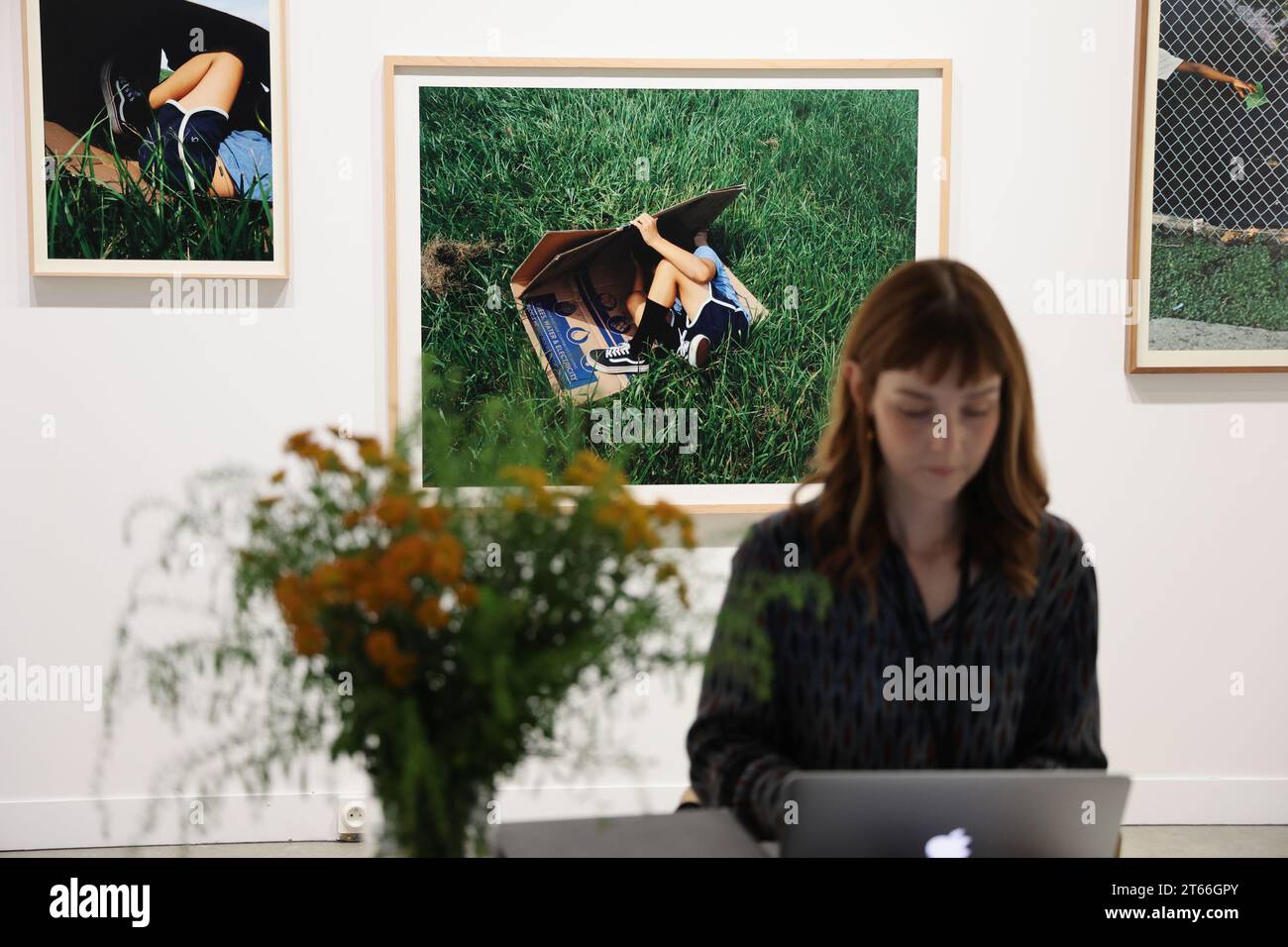 Paris, Frankreich. November 2023. Ein Besucher der Pariser Fotomesse 2023 sieht sich die Serie von Vasantha Yogananthan am Eröffnungstag im Grand Palais Ephemere am 8. November 2023 an. Auf der jährlichen Kunstmesse werden 191 exhibitorsÑwith 36 % neue Galerien im Vergleich zu 2022Ñfrom 25 Ländern präsentiert, in denen insgesamt mehr als 800 Künstler vertreten sind. Foto: Maya Vidon-White/UPI Credit: UPI/Alamy Live News Stockfoto