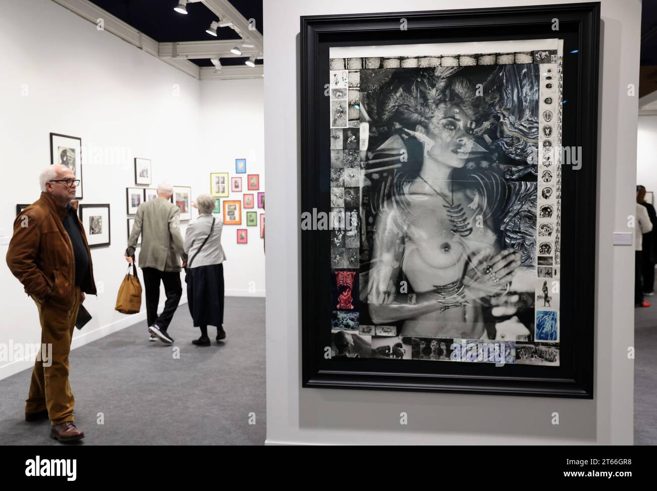 Paris, Frankreich. November 2023. Besucher der Pariser Fotomesse 2023 sehen sich Peter Beards Collage ÇÊJenny und ihr JewelleryÊÈ 2005/2006 am Stand der Michael Hoppen Gallery am Eröffnungstag im Grand Palais Ephemere am Mittwoch, den 8. November 2023 an. Auf der jährlichen Kunstmesse werden 191 exhibitorsÑwith 36 % neue Galerien im Vergleich zu 2022Ñfrom 25 Ländern präsentiert, in denen insgesamt mehr als 800 Künstler vertreten sind. Foto: Maya Vidon-White/UPI Credit: UPI/Alamy Live News Stockfoto