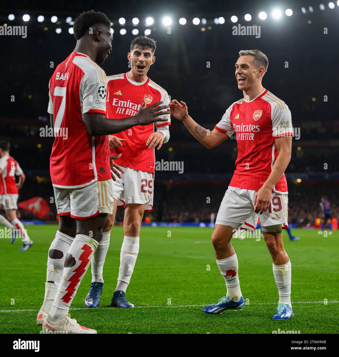 London, Großbritannien. November 2023 - Arsenal gegen Sevilla - Champions League - Emirates Stadium. Leadro Trossard feiert sein Tor gegen Sevilla mit Bukayo Saka, der die Hilfe leistete. Bildnachweis: Mark Pain / Alamy Live News Stockfoto