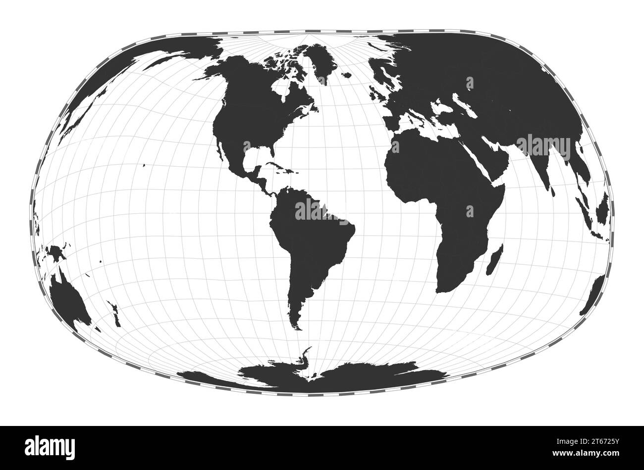 Vektor-Weltkarte. Jacques Bertins Projektion von 1953. Einfache geografische Weltkarte mit Breiten- und Längengraden. Zentriert auf 60 Grad E Länge. Vec Stock Vektor