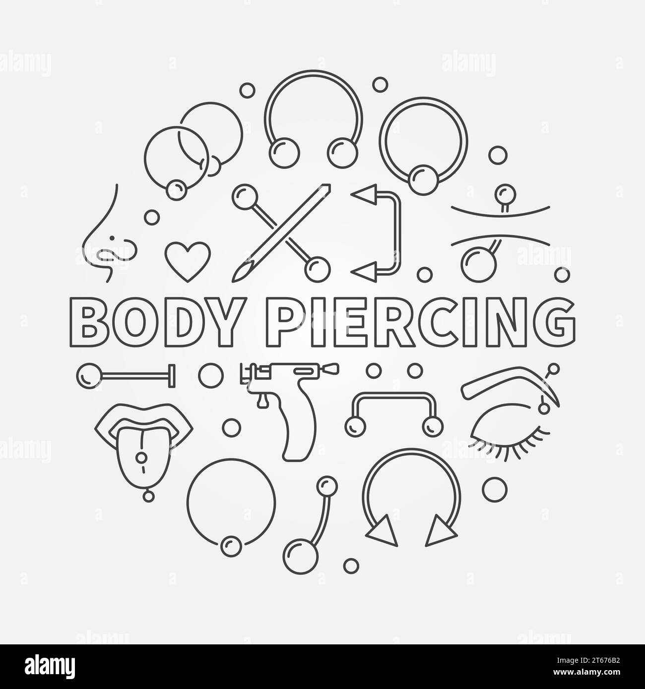 Body Piercing runde Vektor-Illustration in dünner Linie Stil gemacht mit niedlichen Piercings Icons Stock Vektor