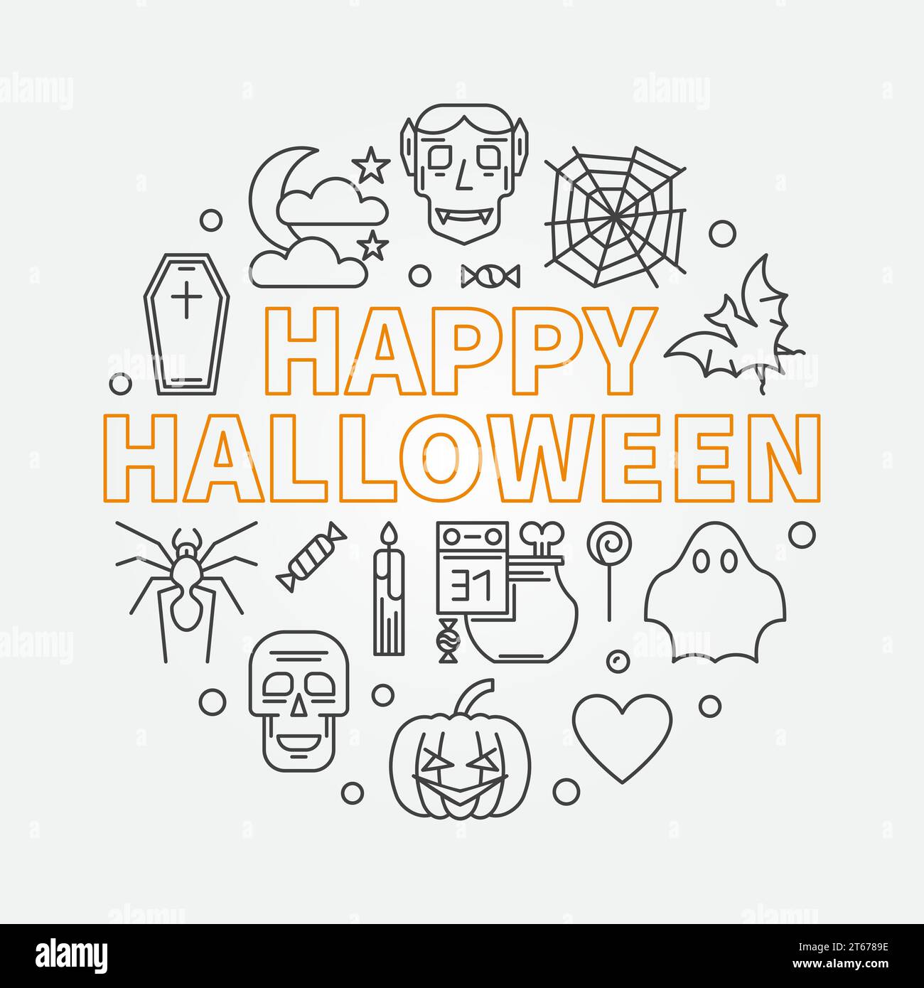 Fröhliche Halloween runde Vektor-Illustration mit lustigen Konturen halloween Ikonen gemacht Stock Vektor