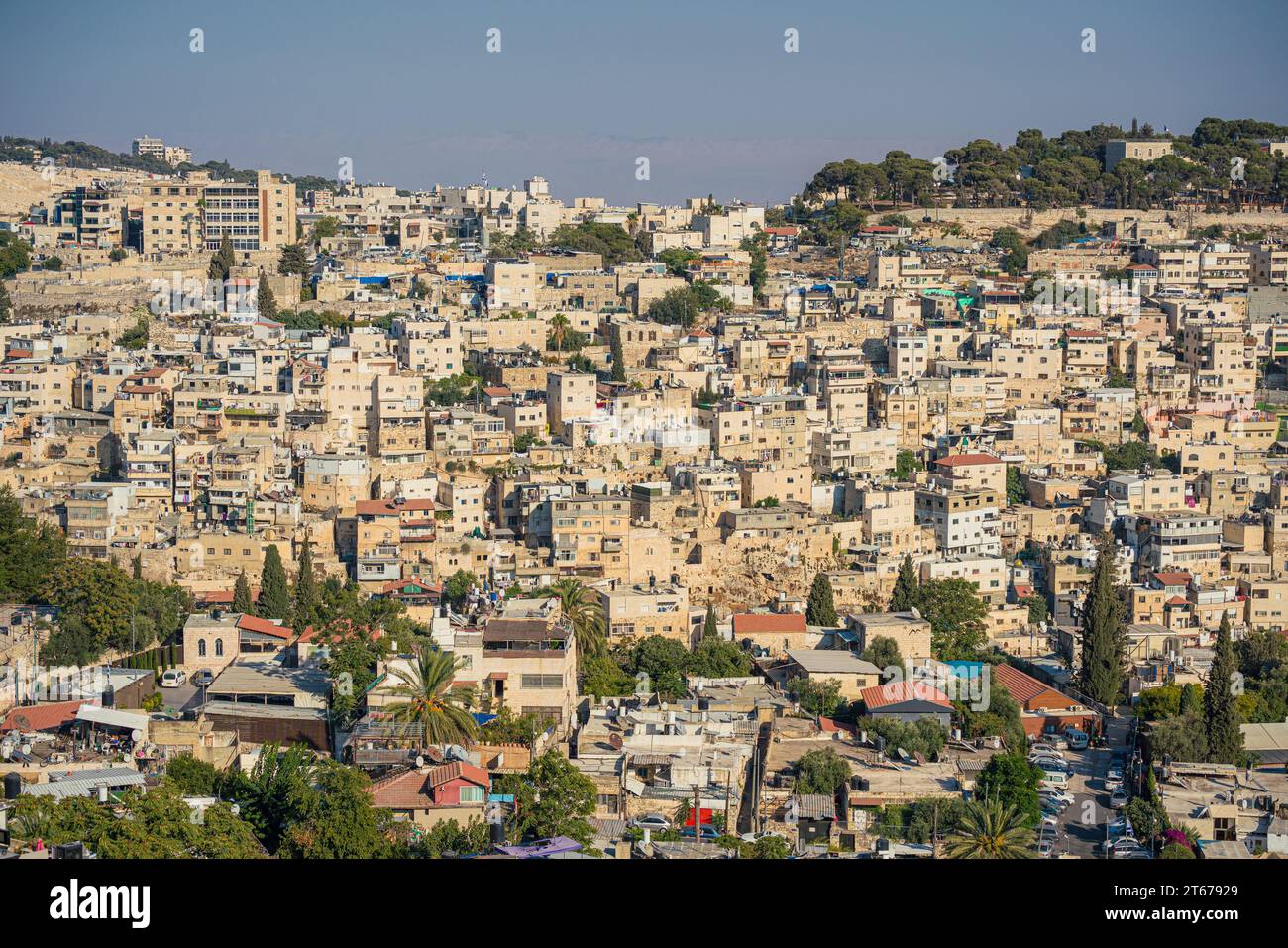 Panoramablick auf Silwan, ein palästinensisches Viertel in Ost-Jerusalem Stockfoto