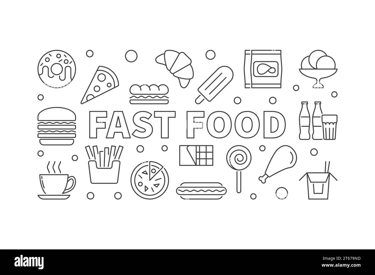 Horizontales Banner mit Fastfood-Kontur. Vektor-Junk Food-Illustration in dünner Linie Stock Vektor
