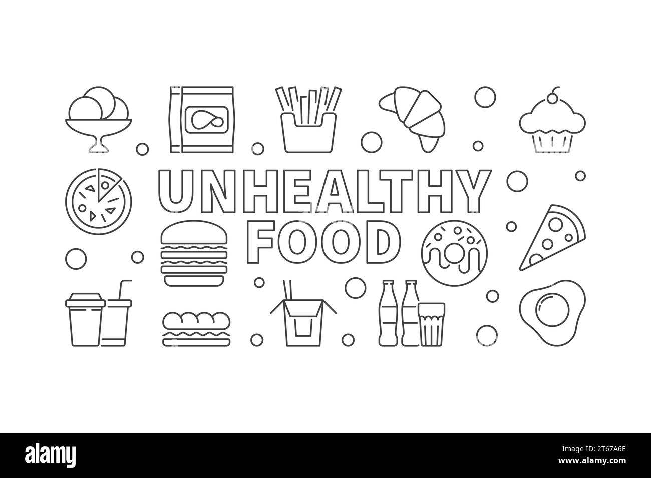 Ungesunde Lebensmittel Vektor Umrissbanner oder Illustration auf weißem Hintergrund Stock Vektor