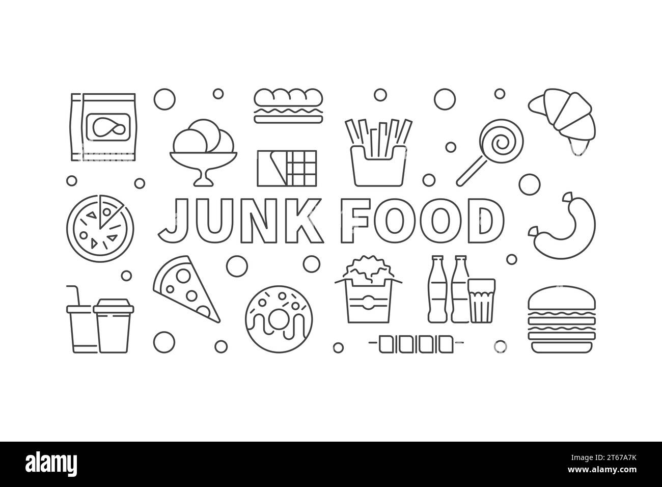 Horizontales Banner für Junk Food. Vektor-ungesunde Lebensmittelkonzeptillustration in dünner Linie Stock Vektor