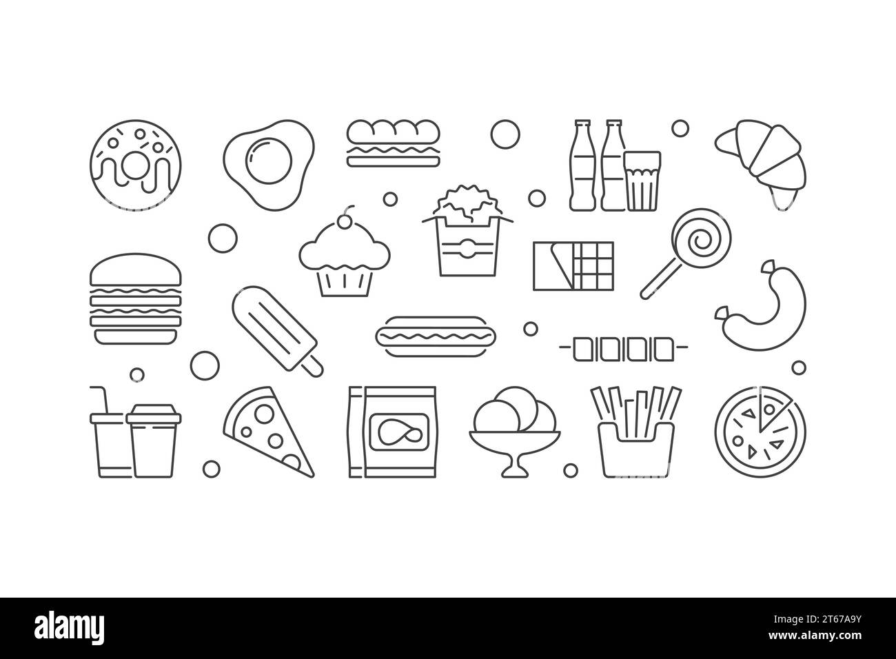 Ungesunde Junk Food horizontale Vektor-Illustration oder Banner in dünner Linie Stil auf weißem Hintergrund Stock Vektor
