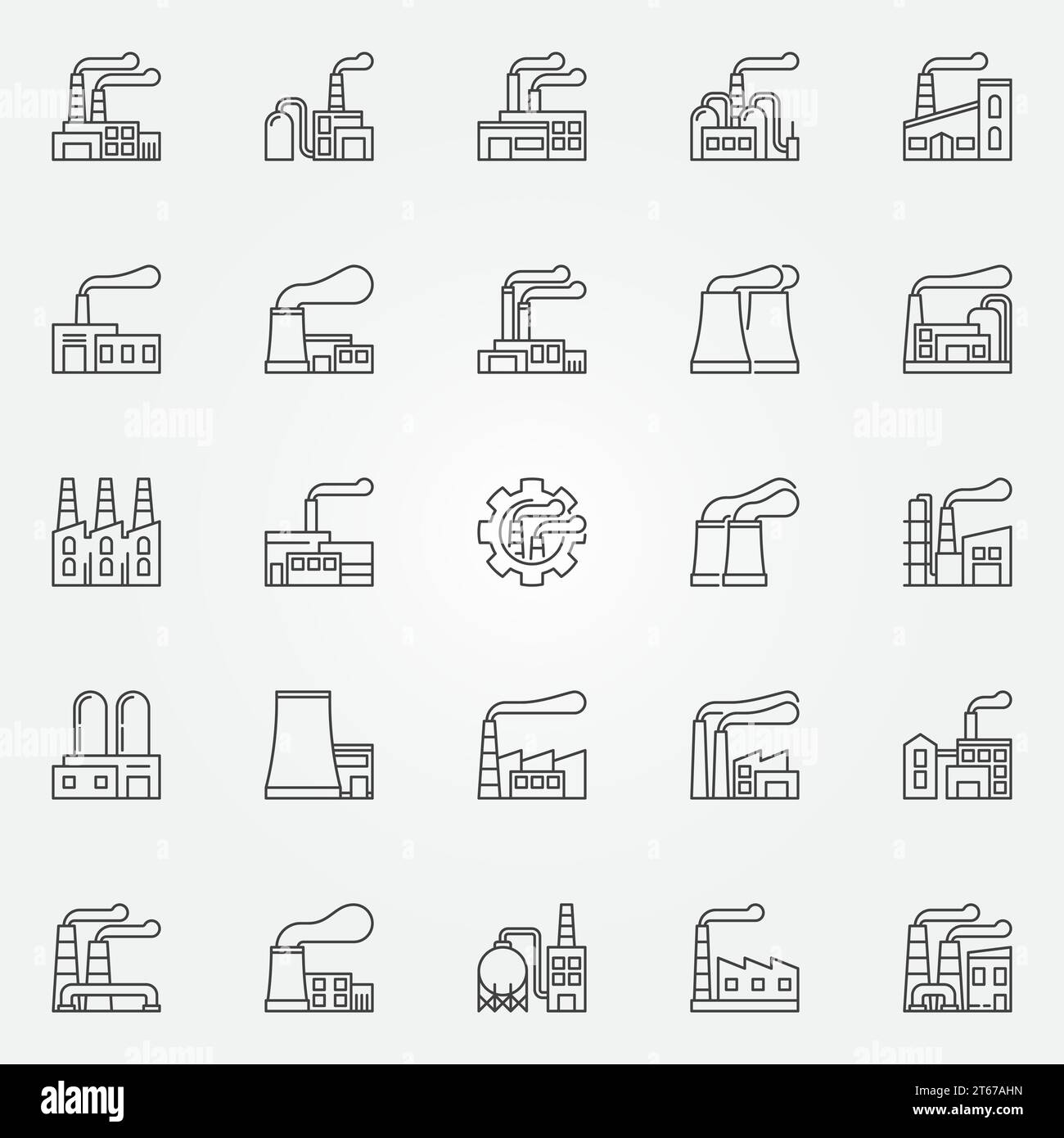 Fabriksymbole – Vektor-Industriebauten Konzeptschilder oder Logoelemente im dünnen Stil Stock Vektor