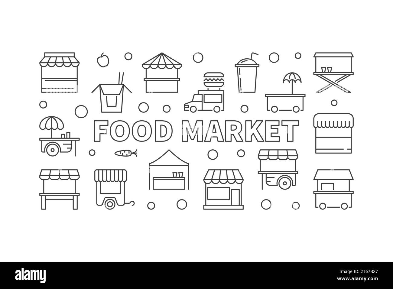 Horizontales Banner für den Lebensmittelmarkt. Vektor Street Food minimale Illustration im Linienstil auf weißem Hintergrund Stock Vektor