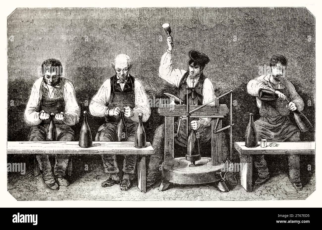 Alte Illustration von Männern, die Champagnerflaschen korken. Vom unbekannten Autor, publ. Auf Magasin Pittoresque, Paris, 1851 Stockfoto
