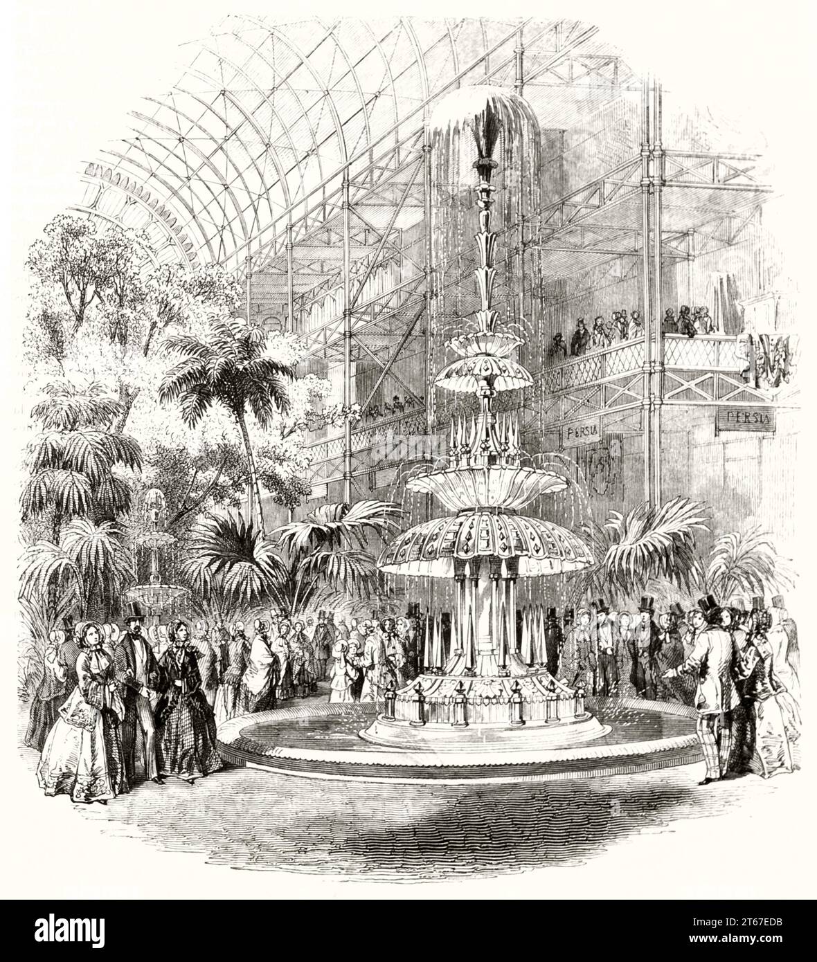 Alte Aussicht auf einen Kristallbrunnen im Crystal Palace, London. Von Freeman, publ. Auf Magasin Pittoresque, Paris, 1851 Stockfoto