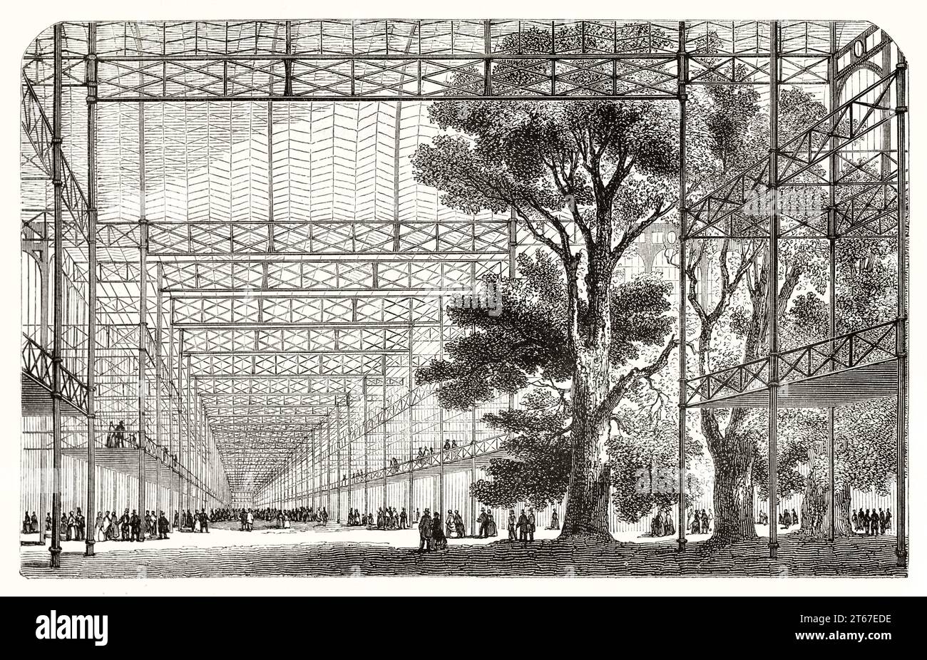 Alte Aussicht auf den Crystal Palace im Hide Park, Haus der Großen Ausstellung von 1851, London. Von Freeman, publ. Auf Magasin Pittoresque, Paris, 1851 Stockfoto
