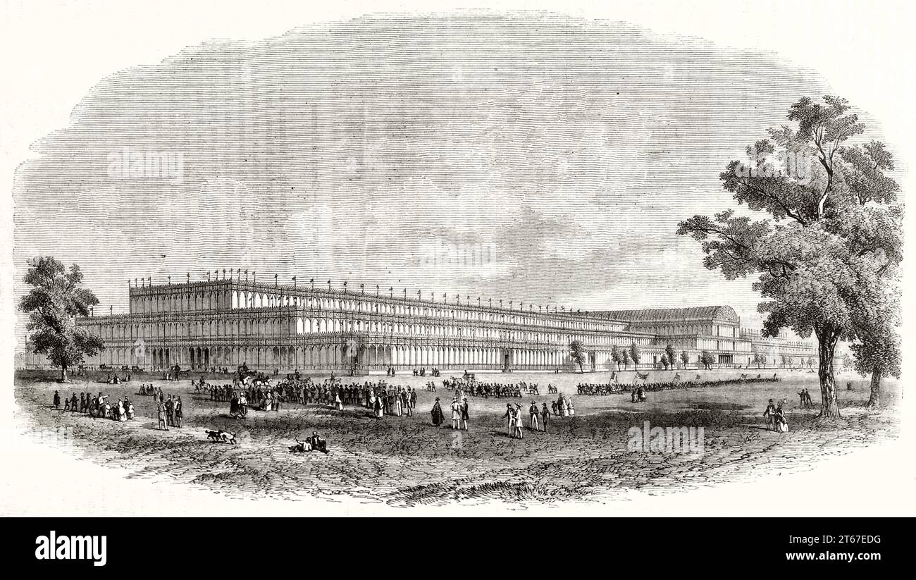 Alte Aussicht auf den Crystal Palace im Hide Park, Haus der Großen Ausstellung von 1851, London. Von Freeman, publ. Auf Magasin Pittoresque, Paris, 1851 Stockfoto