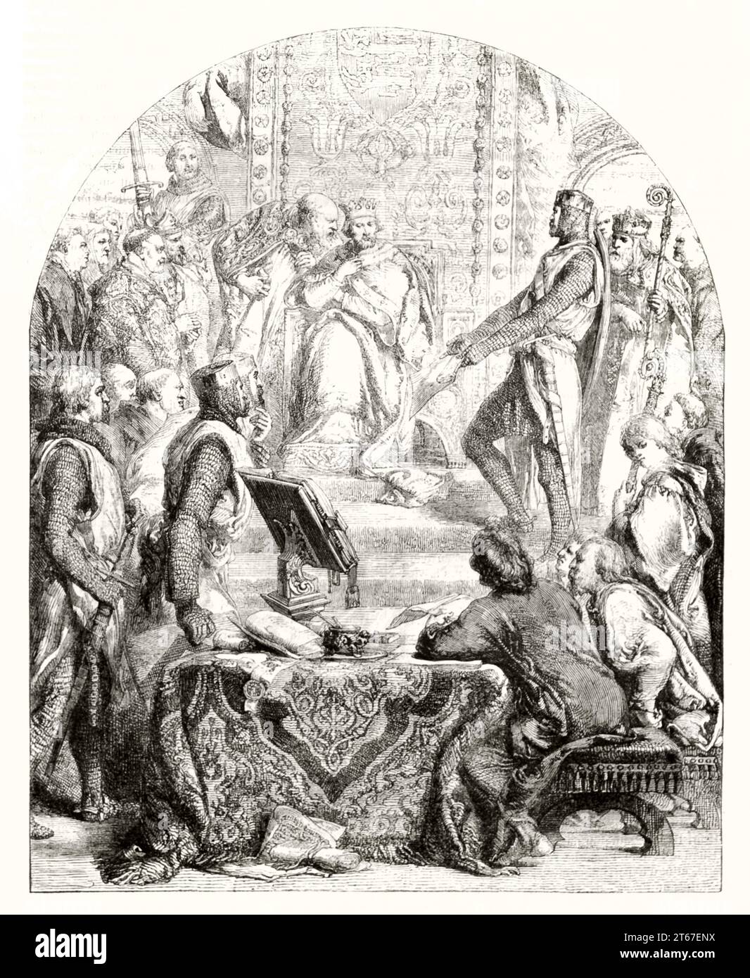 Alte Illustration von Henri III., der Magna Carta die Hinrichtung versprechen musste. Von Gilbert, publ. Auf Magasin Pittoresque, Paris, 1851 Stockfoto