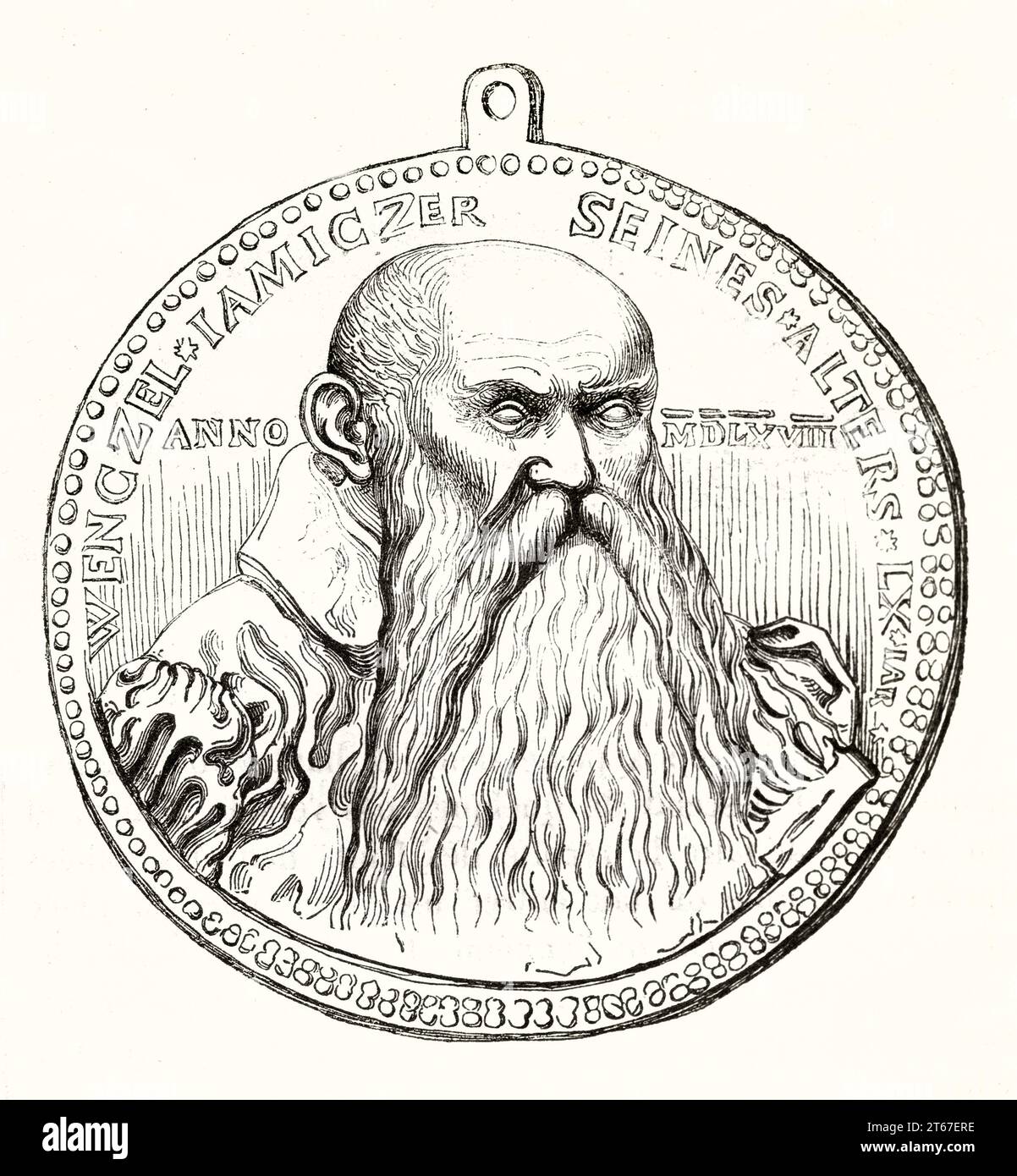 Alte Medaille mit Wenzel Jamnitzer Bildnis (ca. 1507–1585, deutscher Goldschmied. Pub. Auf Magasin Pittoresque, Paris, 1851 Stockfoto