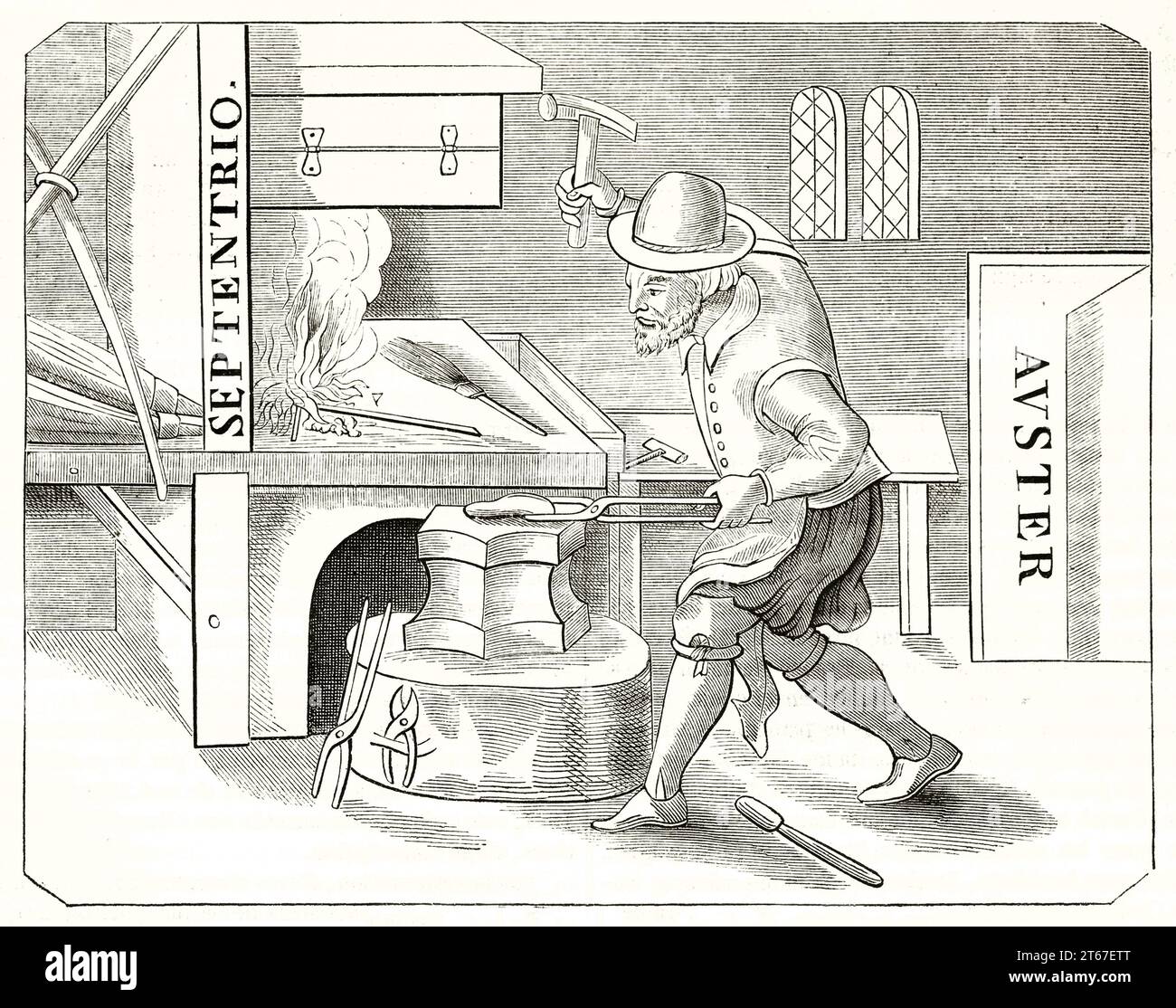 Alte Illustration, die Schmied mit magnetisierendem Druckeisen zeigt. Nach dem Druck aus dem 17. Jahrhundert, Pub. Auf Magasin Pittoresque, Paris, 1851 Stockfoto