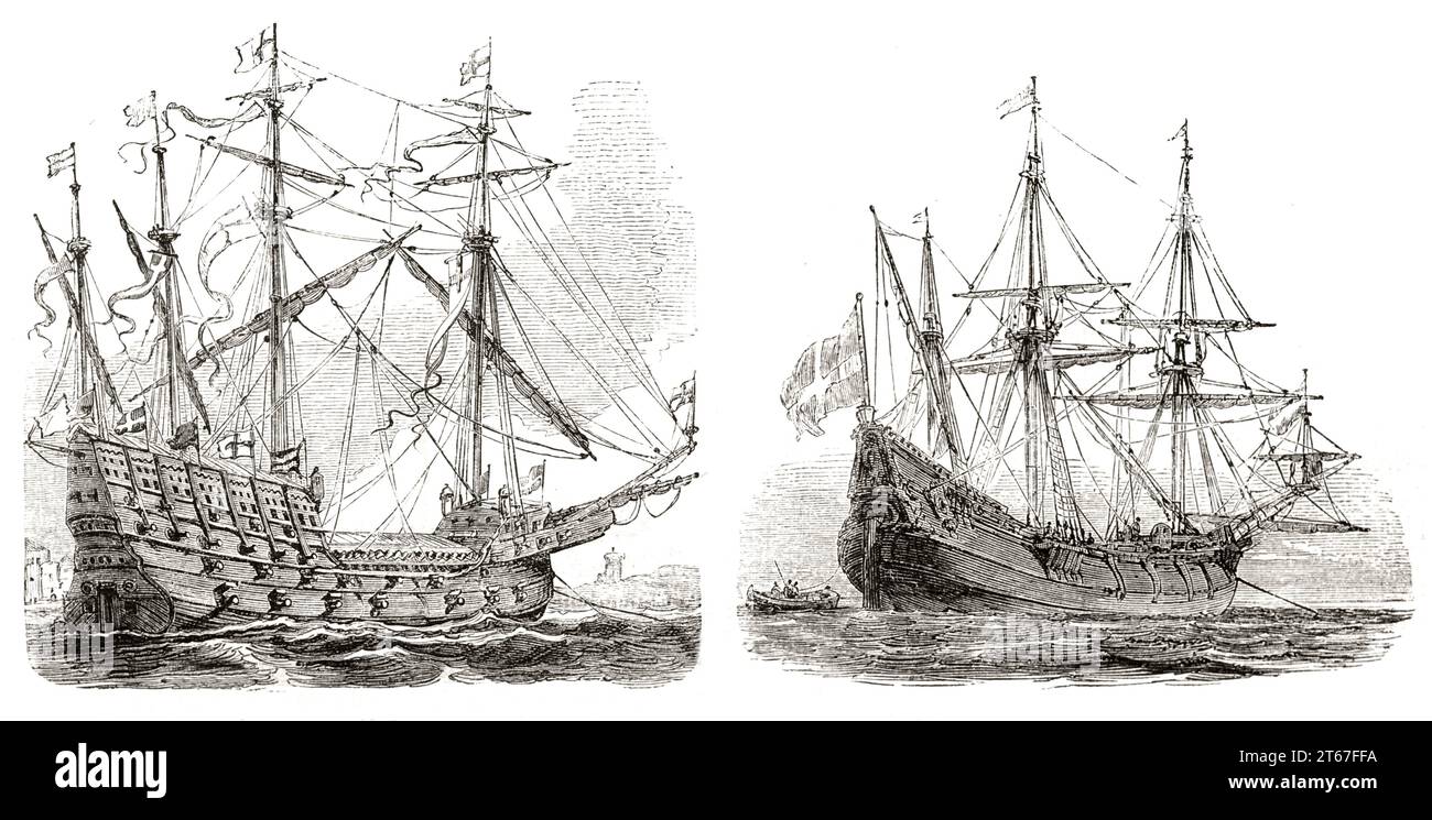 Alte Schiffe: Great Harry (englisches Schlachtschiff) aus dem 16. Jahrhundert und Fluyt aus dem 17. Jahrhundert. Von Morel-Fatio, publ. Auf Magasin Pittoresque, Paris, 1851 Stockfoto