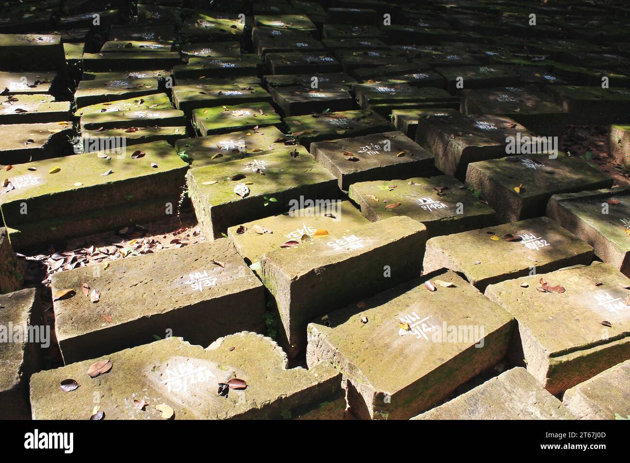 Antike Steinblöcke, die in teilweiser Sonneneinstrahlung ausgerichtet sind, im archäologischen Park Angkor, Kambodscha. Jeder Block ist nummeriert, um seinen Speicherort für die Wiederherstellung anzuzeigen Stockfoto