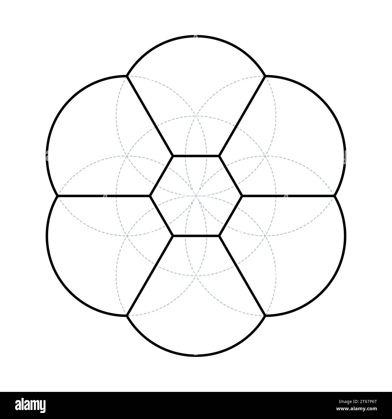 Seed of Life 3D-Ansicht. Antike geometrische Figur, spirituelles Symbol und Heilige Geometrie. Aus 7 überlappenden Kreisen, die ein blumenähnliches Muster bilden. Stockfoto