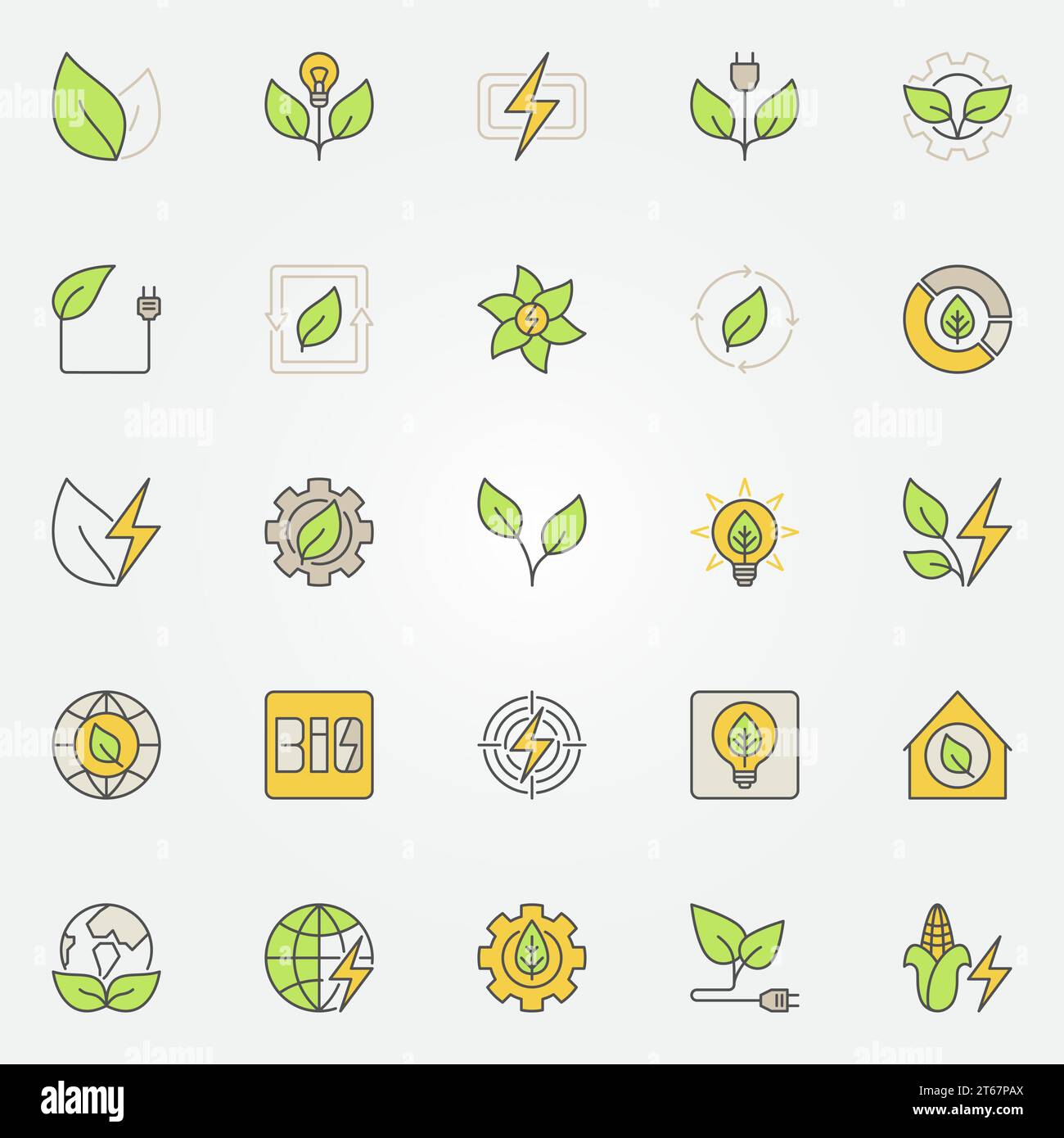 Bioenergie farbenfrohe Symbole. Vektorsymbole für kreative Biomasse und Ökoenergiekonzepte Stock Vektor