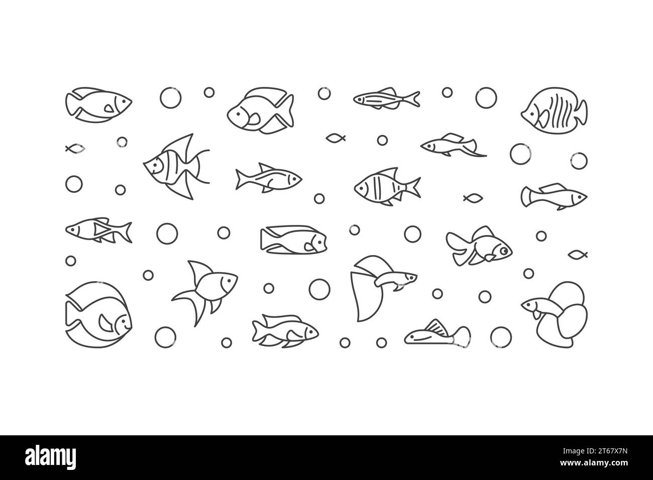 Aquarium Fisch Vektor horizontales Banner. Aquariumistik-Konzeptillustration im Umrissstil Stock Vektor