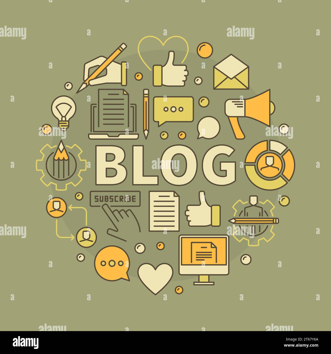 Blogging-Vektorkonzept. Rundes kreatives Symbol mit WORTBLOG und modernen Blogging-Symbolen Stock Vektor