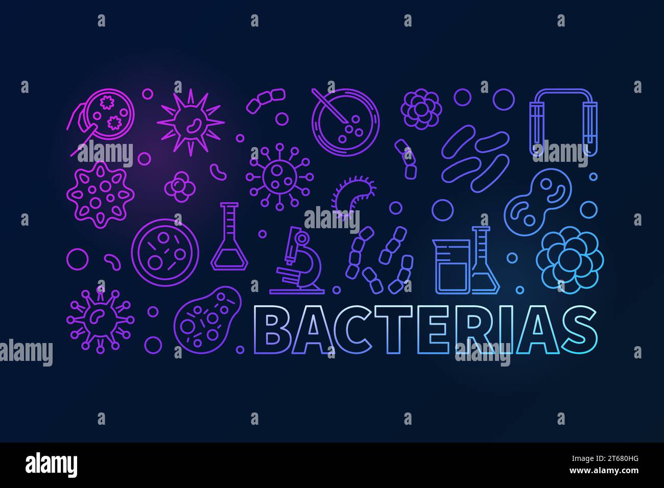 Vektorbakterien buntes lineares Banner. Konzeptabbildung mit Symbolen für Bakterien und Mikroben auf dunklem Hintergrund Stock Vektor