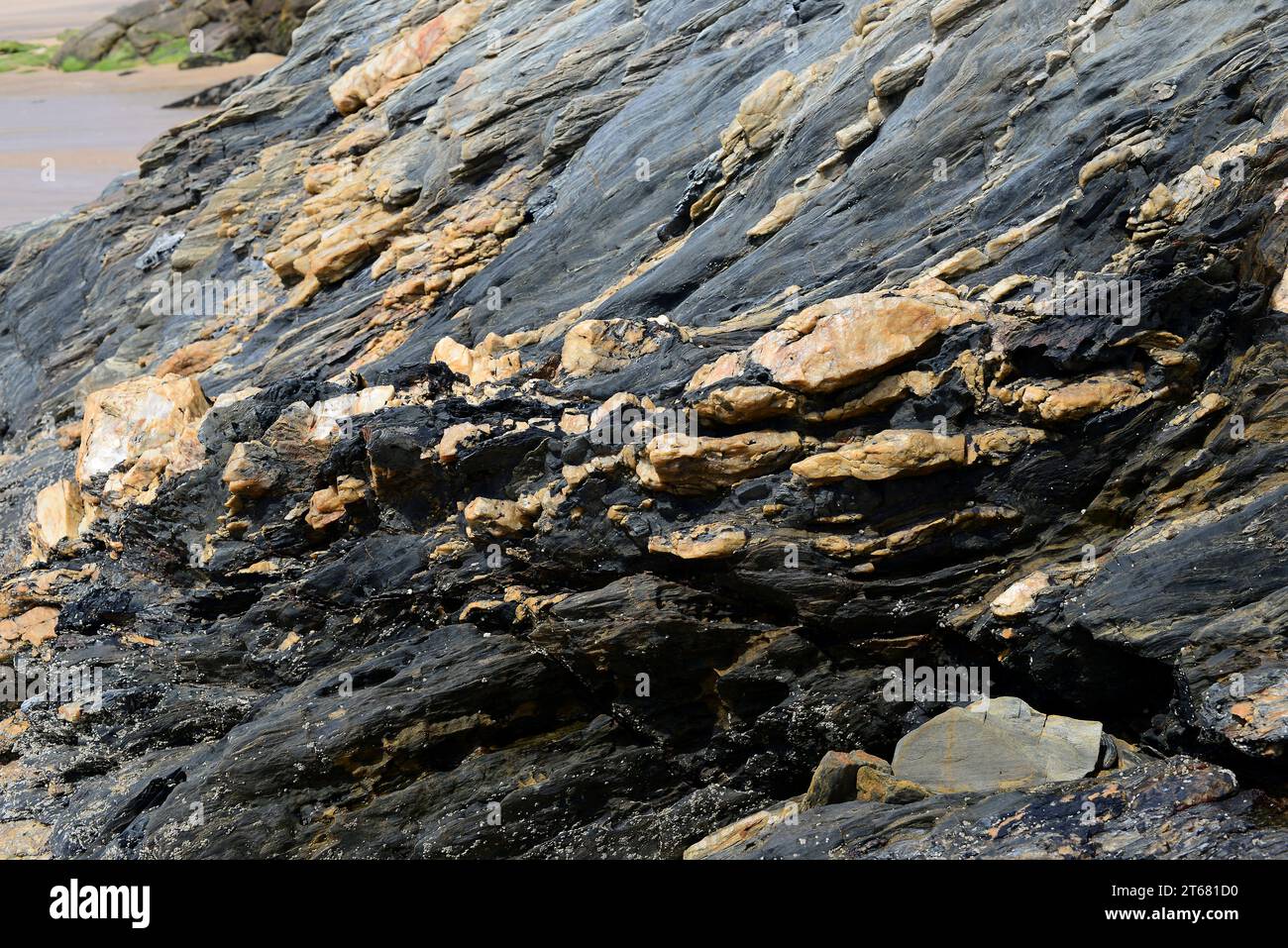 Schiefer und Quarzit aus Ordovizium. O Viciedo Küste, Provinz Lugo, Galicien, Spanien. Stockfoto