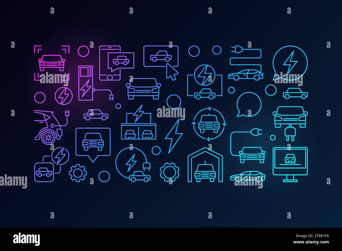 Elektroauto horizontales buntes Linienbanner - Vektorillustration mit linearem Auto, EV, Ladesäulen auf dunklem Hintergrund Stock Vektor