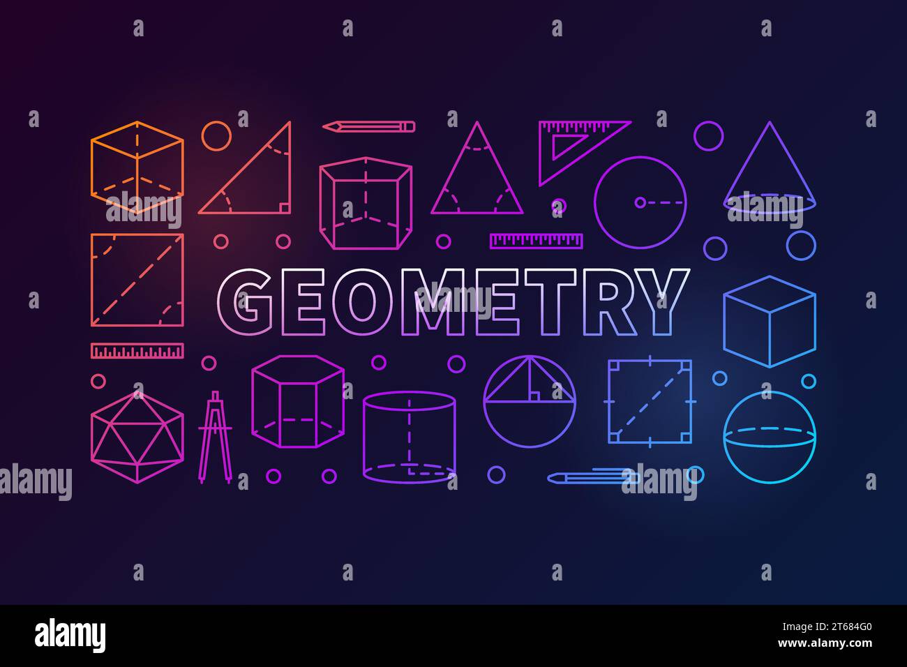 Geometriesubjektvektor Buntes Banner oder Illustration in dünner Linienart auf dunklem Hintergrund Stock Vektor