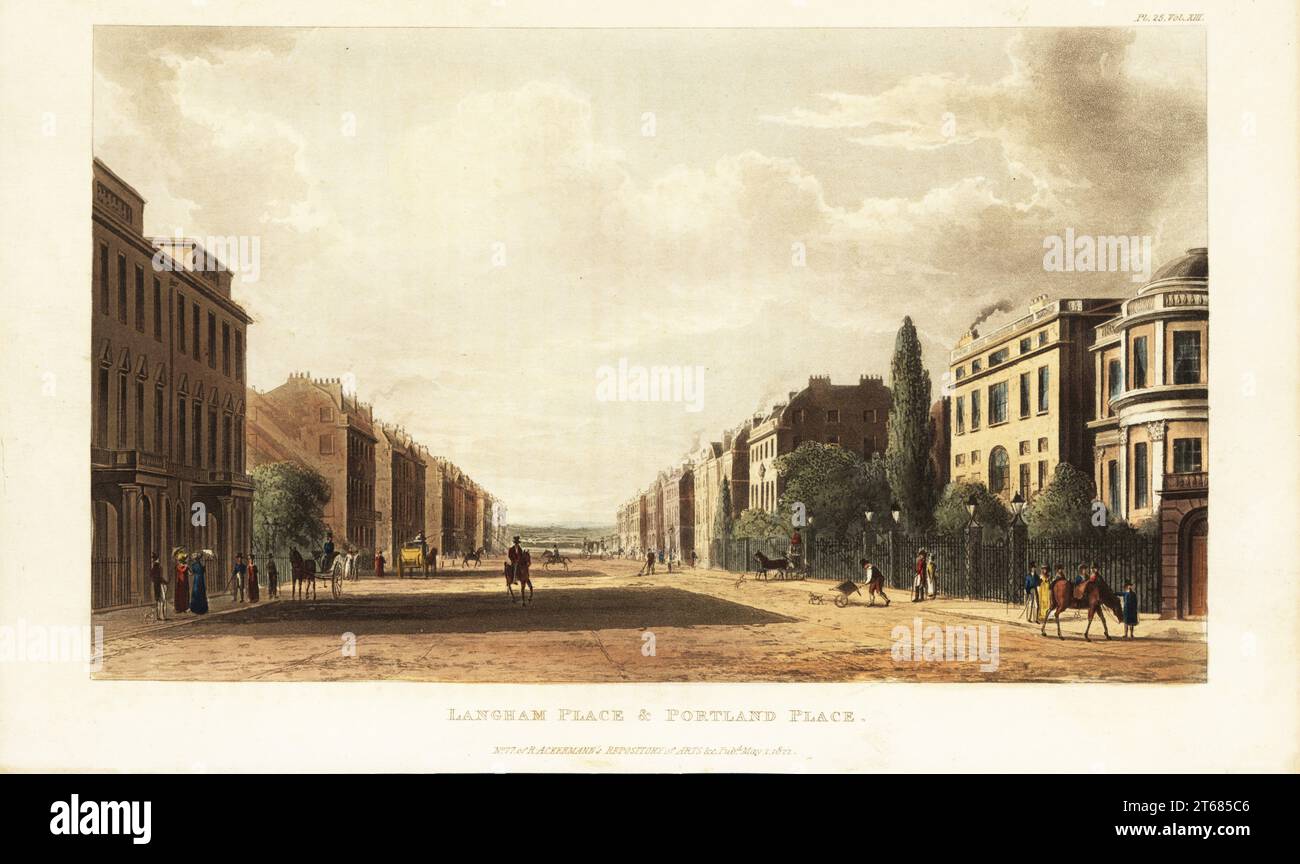 Langham Place und Portland Place, nordwärts Fortsetzung der Regent Street (A4201 Road), London, 1822. Blick auf die Herrenhäuser aus dem 18. Jahrhundert, die von Lord Foley, Lord Bingley, Duke of Chandos usw. gebaut wurden Die Straße endet im Norden mit der Weide von Harley Field (heute Regents Park). Handkolorierter Kupferstich von Rudolph Ackermanns Repository of Arts, Literature, Fashions, Manufakturen usw., Strand, London, 1822. Stockfoto