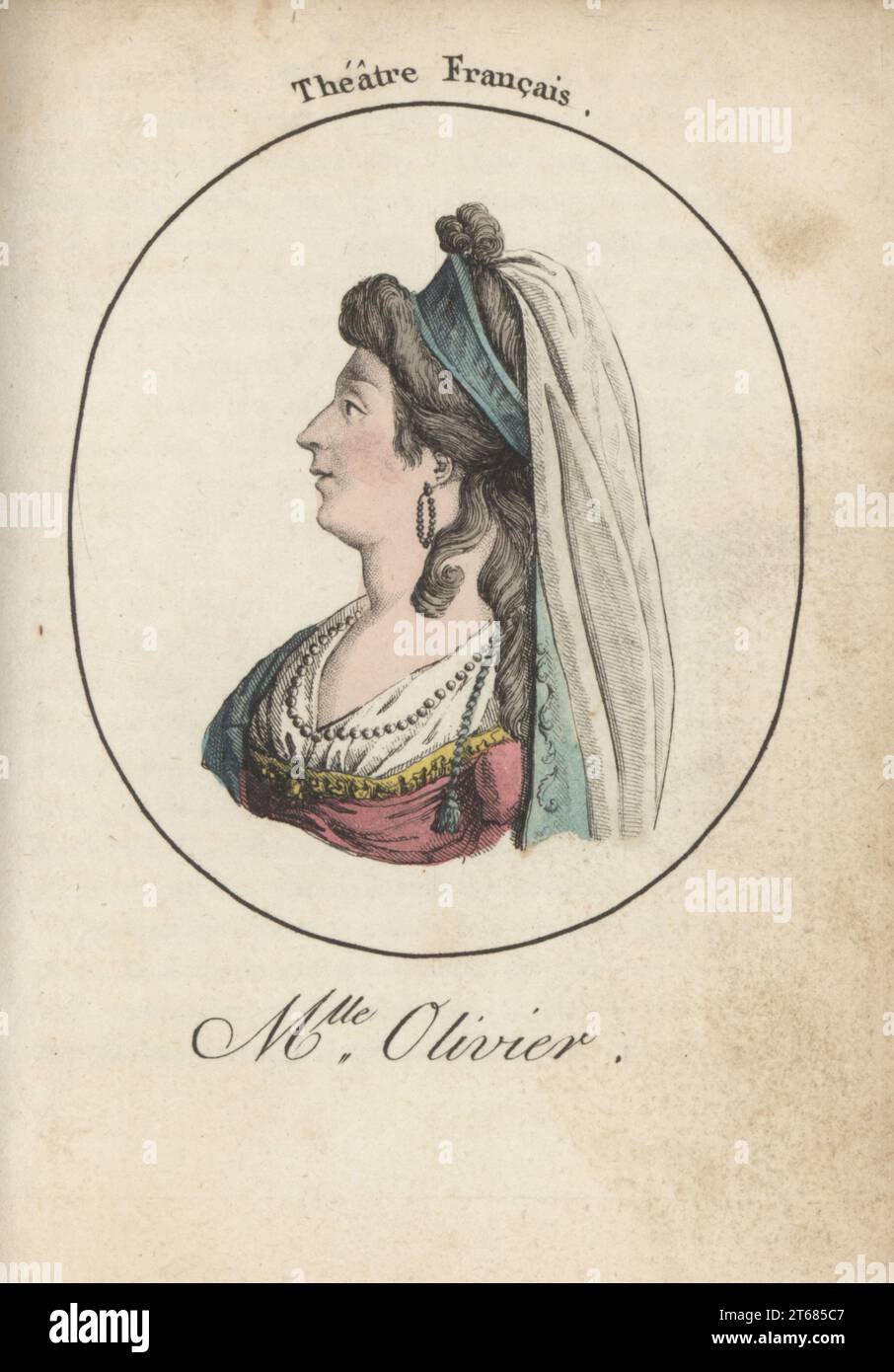 Jeanne-Adelaide Gerardin oder Mademoiselle Olivier, französische Bühnenschauspielerin, 1764-1787. Mlle Olivier. Theater Francais. Handkolorierter Kupferstich nach Jacques Grasset Saint-Sauveur von Acteurs et Actrices Cebres, berühmten Schauspielern und Schauspielerinnen, Le Caliz Latour Libraire, Paris, 1808. Stockfoto