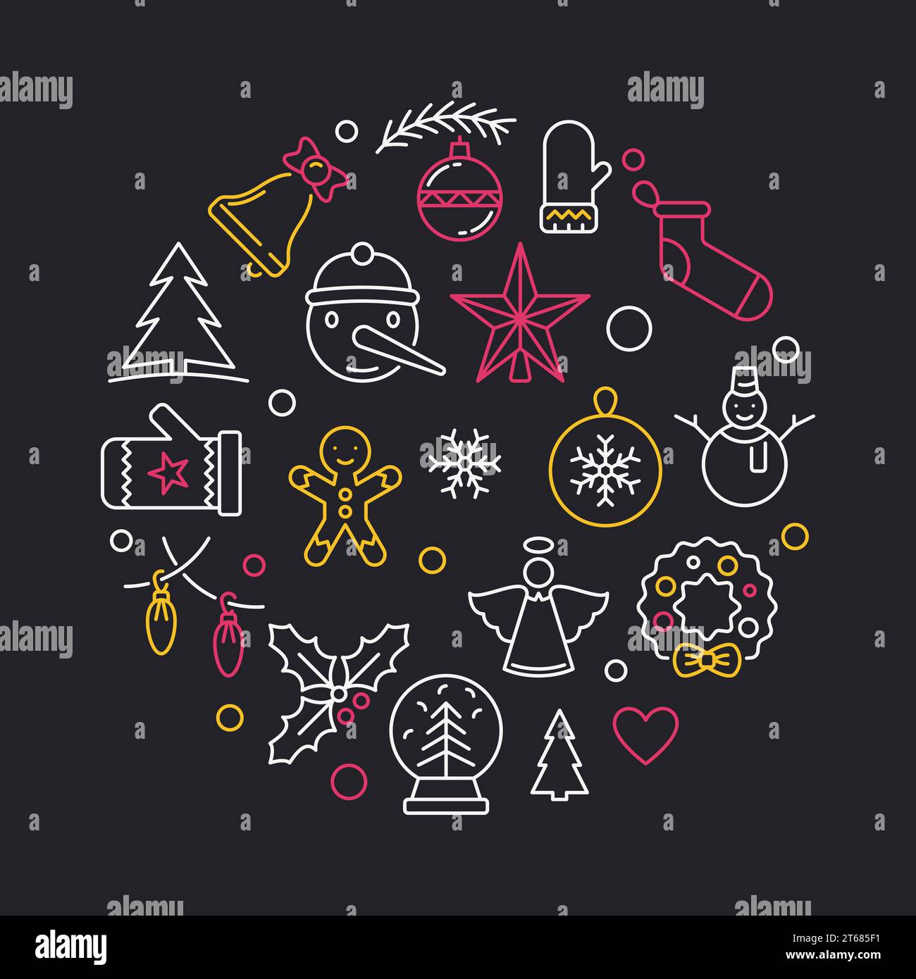 Weihnachten moderne runde Vektor-Illustration gemacht mit linearen Weihnachtssymbolen auf dunklem Hintergrund Stock Vektor
