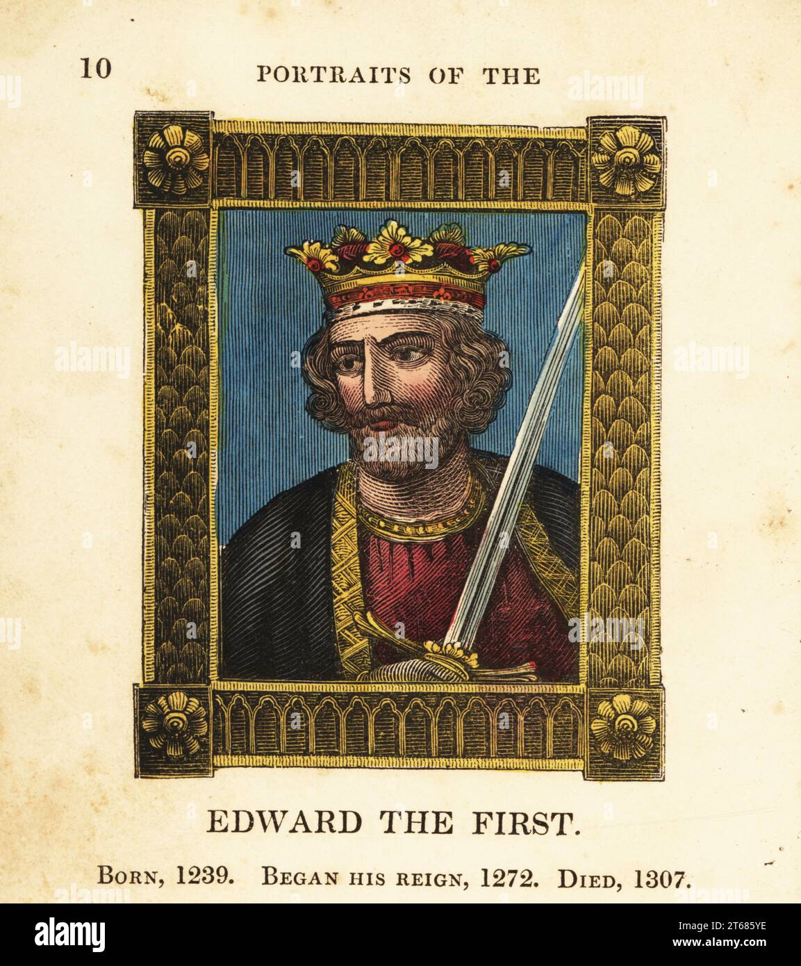 Porträt von König Edward I. von England, geboren 1239, begann die Herrschaft 1272 und starb 1307. In Krone, Umhang mit Goldbesatz, hält ein Schwert, in verzierten Rahmen. Handkolorierter Kupferstich von Cosmo Armstrong aus Porträts und Figuren der Könige von England, von William dem Eroberer bis George dem Dritten, John Harris, London, 1830. Stockfoto