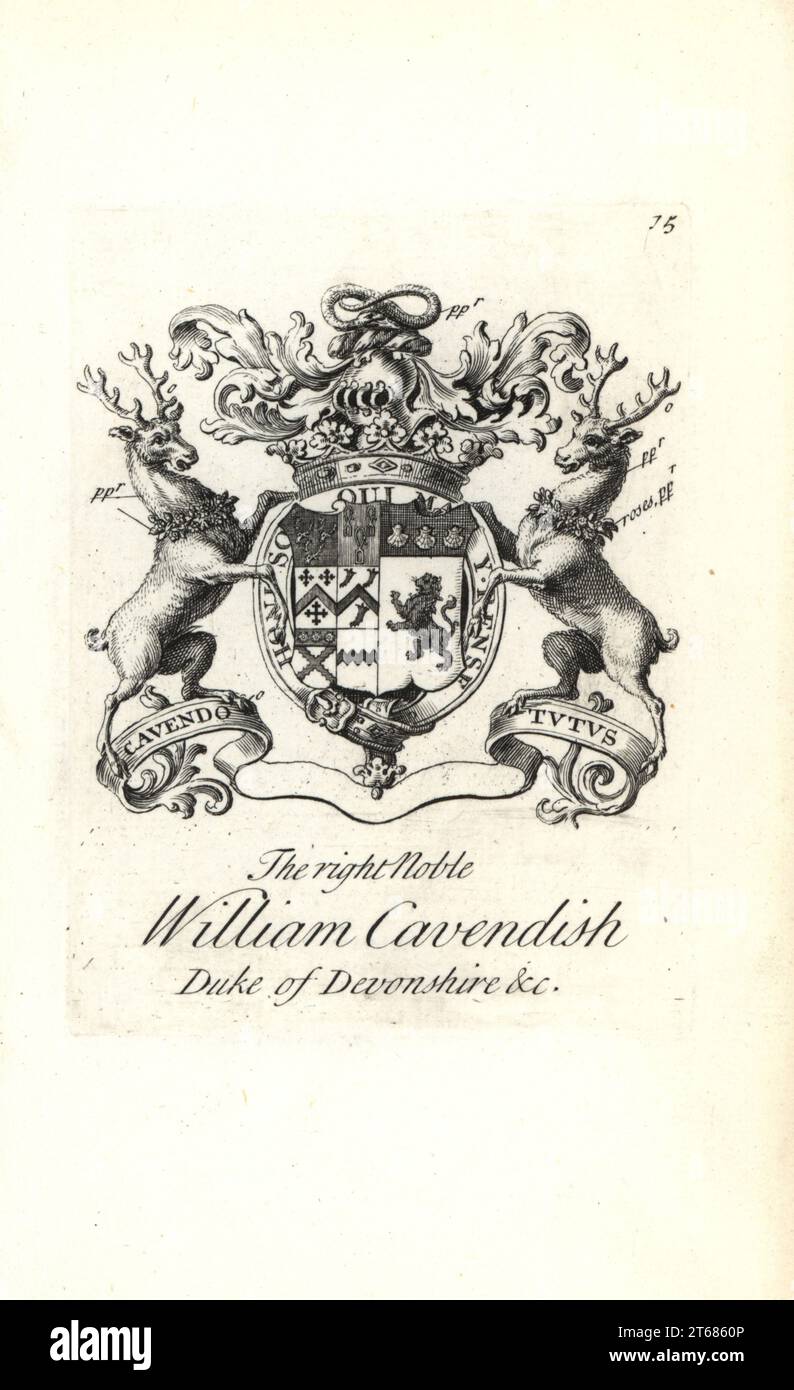 Wappen und Wappen des rechten Adligen William Cavendish, 2nd Duke of Devonshire, 1672-1729. Kupferstich von Andrew Johnston nach C. Gardiner aus der Notitia Anglicana, Die Die Errungenschaften des gesamten englischen Adels Andrew Johnson, The Strand, London, 1724 Ausmachte. Stockfoto
