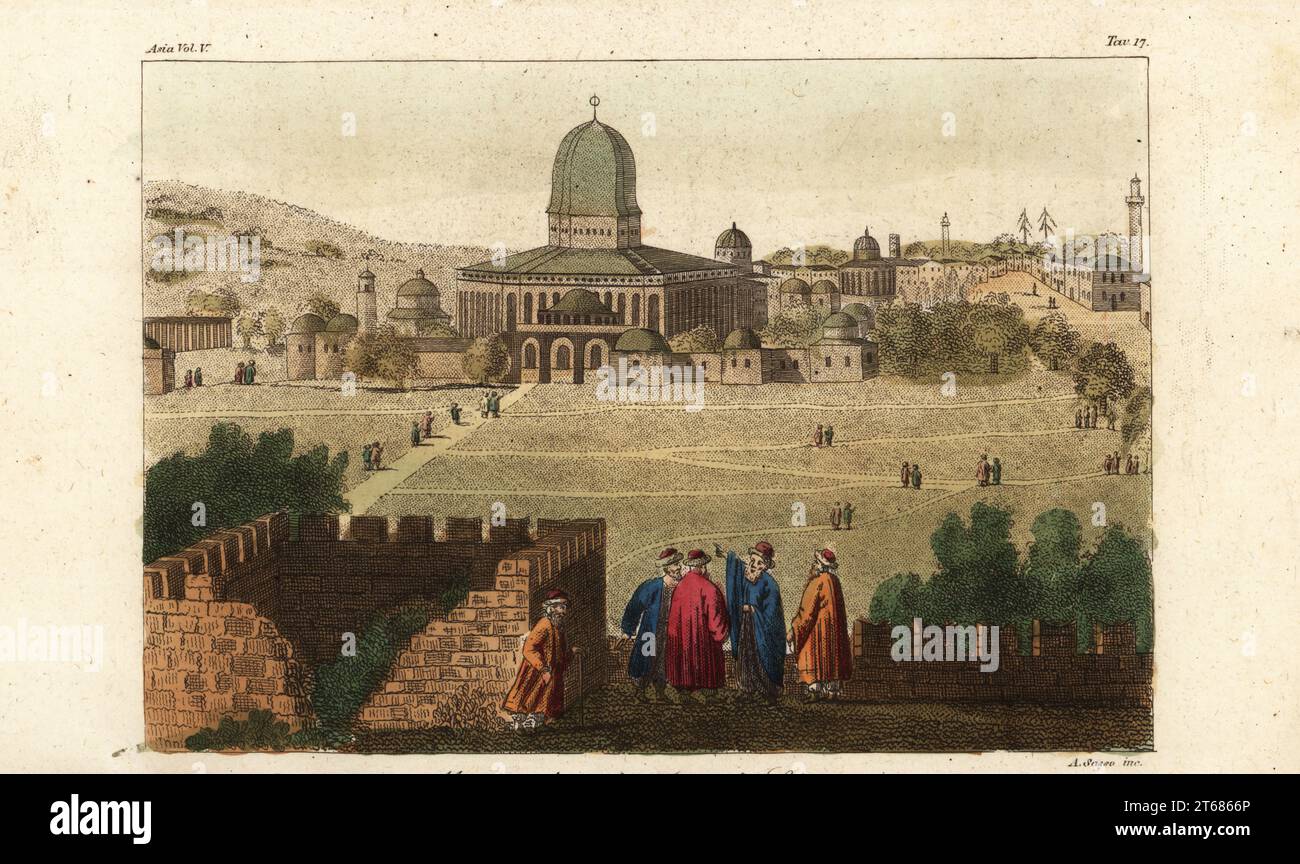 Blick auf die al-Aqsa Moschee, die Felsenkuppel, Qubat al-Sakhra, Jerusalem, 1800er Jahre Die Moschee nannte den Tempel des Salomon. Moschea detta il Tempio di Salomone. Handkolorierter Kupferstich von Giovanni Antonio Sasso aus Giulio Ferrarios Kostüme Alte und Moderne der Völker der Welt, Il Kostüm Antico e Moderno, Florenz, 1847. Stockfoto