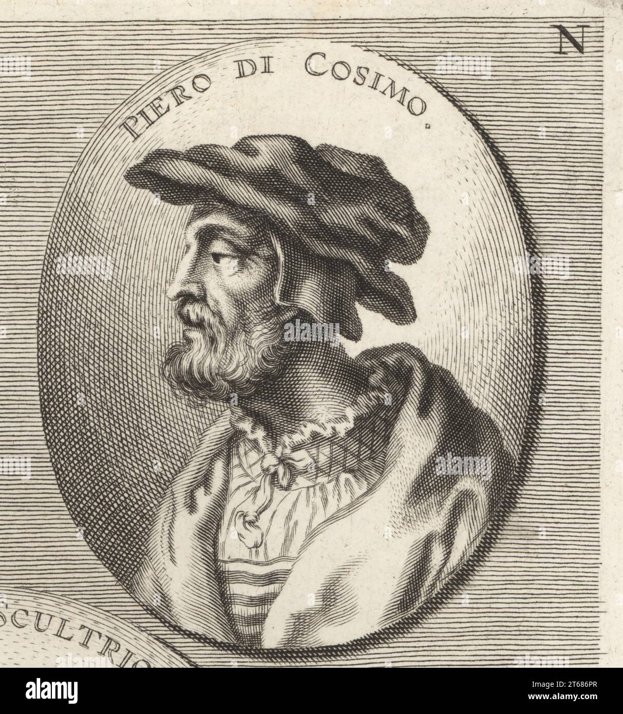 Piero di Cosimo, auch bekannt als Piero di Lorenzo, italienischer Maler der Renaissance, 1462–1522. Kupferstich von Jacob von Sandrart nach einer Illustration von Joachim von Sandrart aus seiner LAcademia Todesca, della Architectura, Scultura & Pittura, oder Teutsche Academie, der Edlen Bau- Bild- und Mahlerey-Kunste, Deutsche Akademie für Architektur, Skulptur und Malerei, Jacob von Sandrart, Nürnberg, 1675. Stockfoto