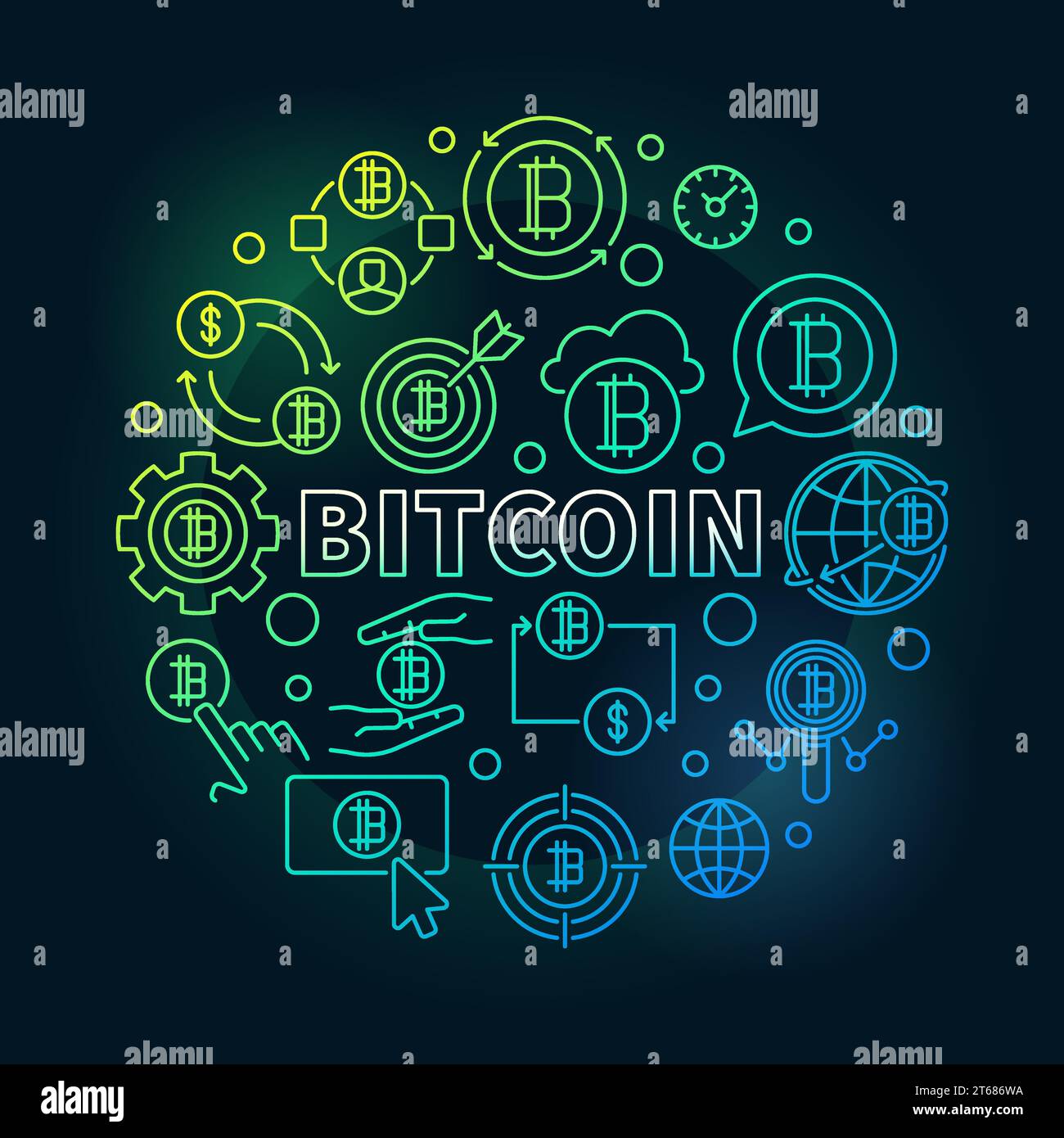 Bitcoin runde bunte Illustration. Vektorrunder Bitcoin-Währungskonzeptlinie auf dunklem Hintergrund Stock Vektor
