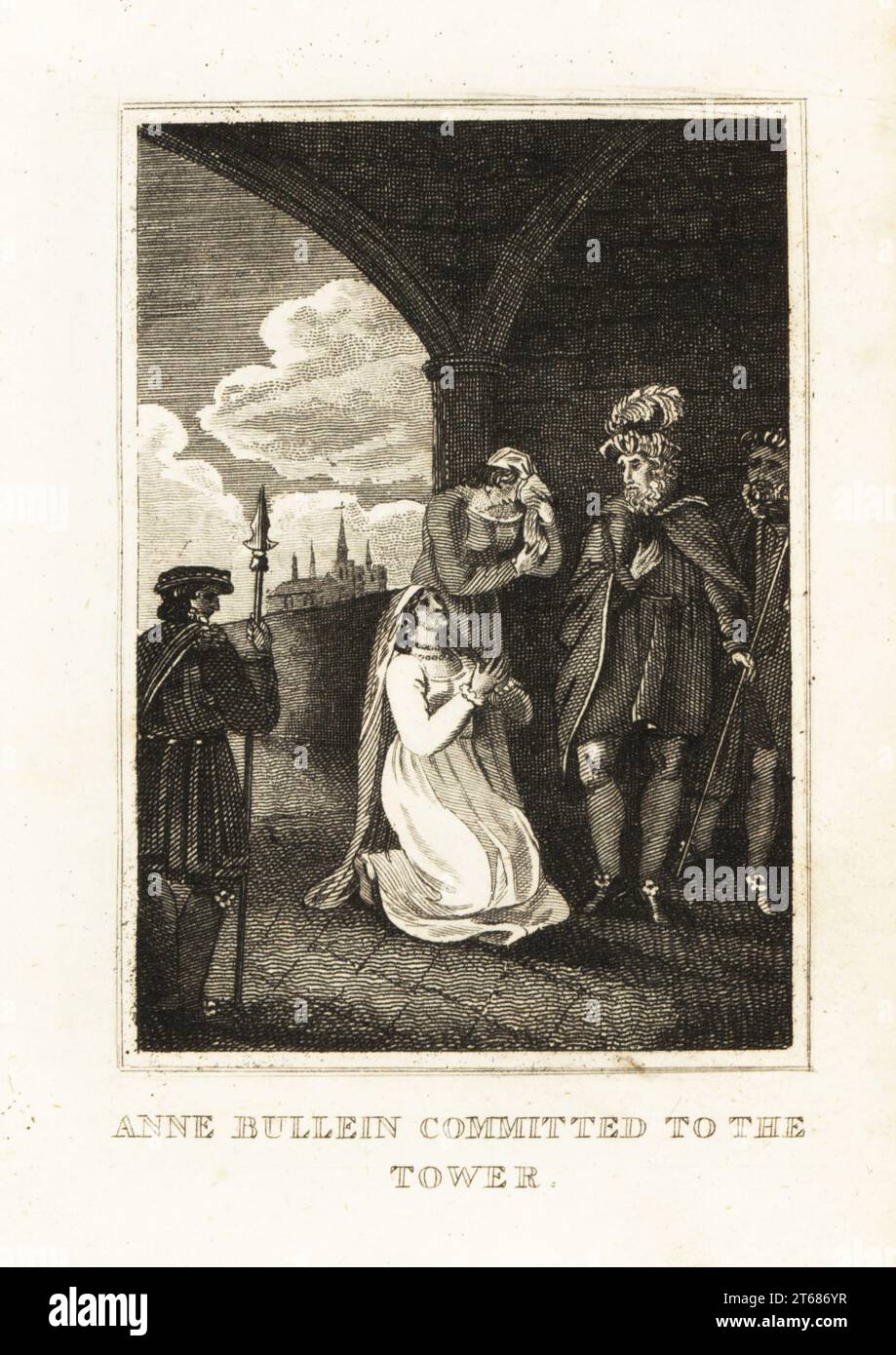 Königin Anne Boleyn kniete vor ihren Gefangenen und einem Beefeater am Eingang zum Tower of London, 1536. Anne Bullein engagierte sich für den Turm. Kupferstich aus M. A. Jones History of England von Julius Caesar bis George IV., G. Virtue, 26 Ivy Lane, London, 1836. Stockfoto