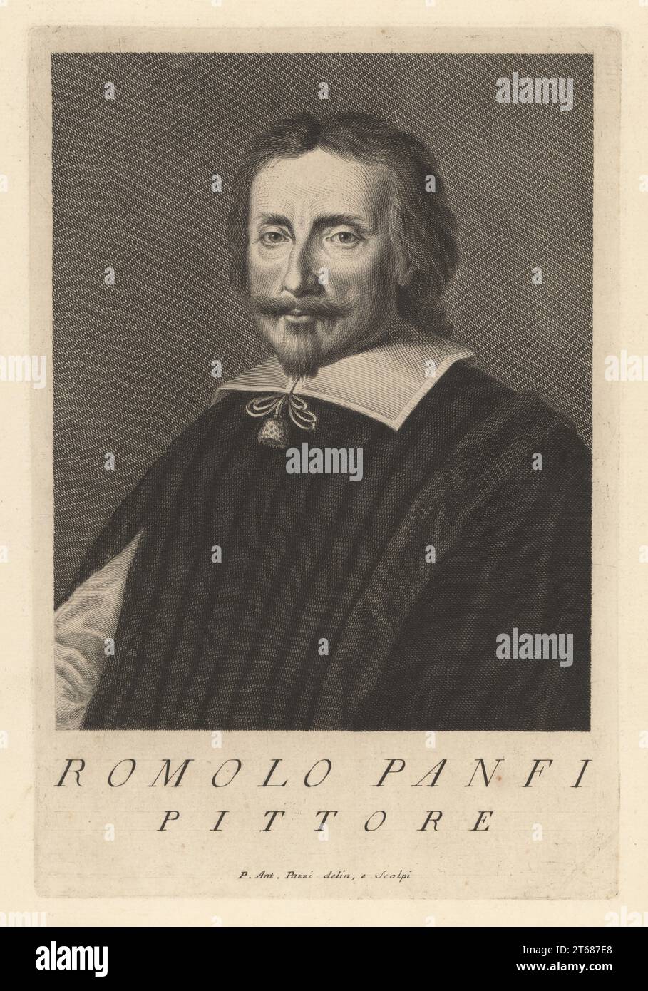 Romolo Panfi, italienischer Maler, aktiv in der Toskana, hauptsächlich in Kampfszenen und Landschaften, 1632-1690. Pittore. Copperplate-Gravur gezeichnet und graviert von Pietro Antonio Pazzi nach einem Selbstporträt des Künstlers aus Francesco Moucke's Museo Florentino (Museum Florentinum), Serie di Ritratti de Pittori (Serie von Porträts der Maler) stamperia Mouckiana, Florenz, 1752-62. Stockfoto