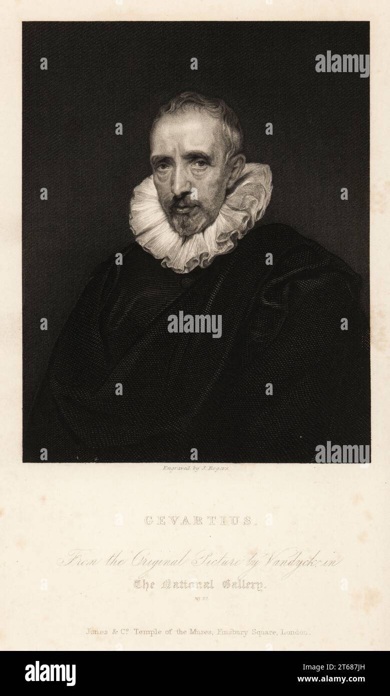 Porträt von John Gaspar Gevartius oder Jan Caspar Gevaerts, Jurist von Antwerpen und Philologe, 1593-1666. Gevartius. Stahlstich von J. Rogers nach einem Porträt von Sir Anthony van Dyck aus der National Gallery of Pictures by the Great Masters, herausgegeben von Jones and Co., Temple of the Muses, Finsbury Square, London, 1836. Stockfoto